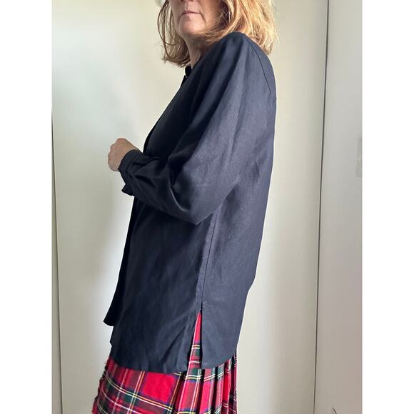 Vintage 90s Minimalist Linen Black Blouse Size 10P Long Sleeve Mock Collar Chic - Picture 5 of 9